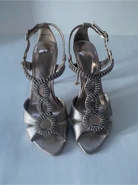 Aldo Silver Rhinestone T-Strap Heels